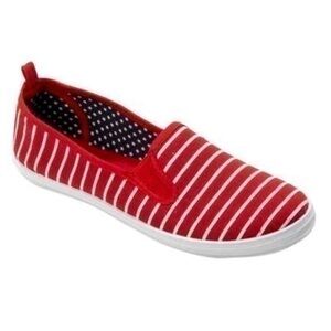 Red and white striped loafer slip on canvas sneakers